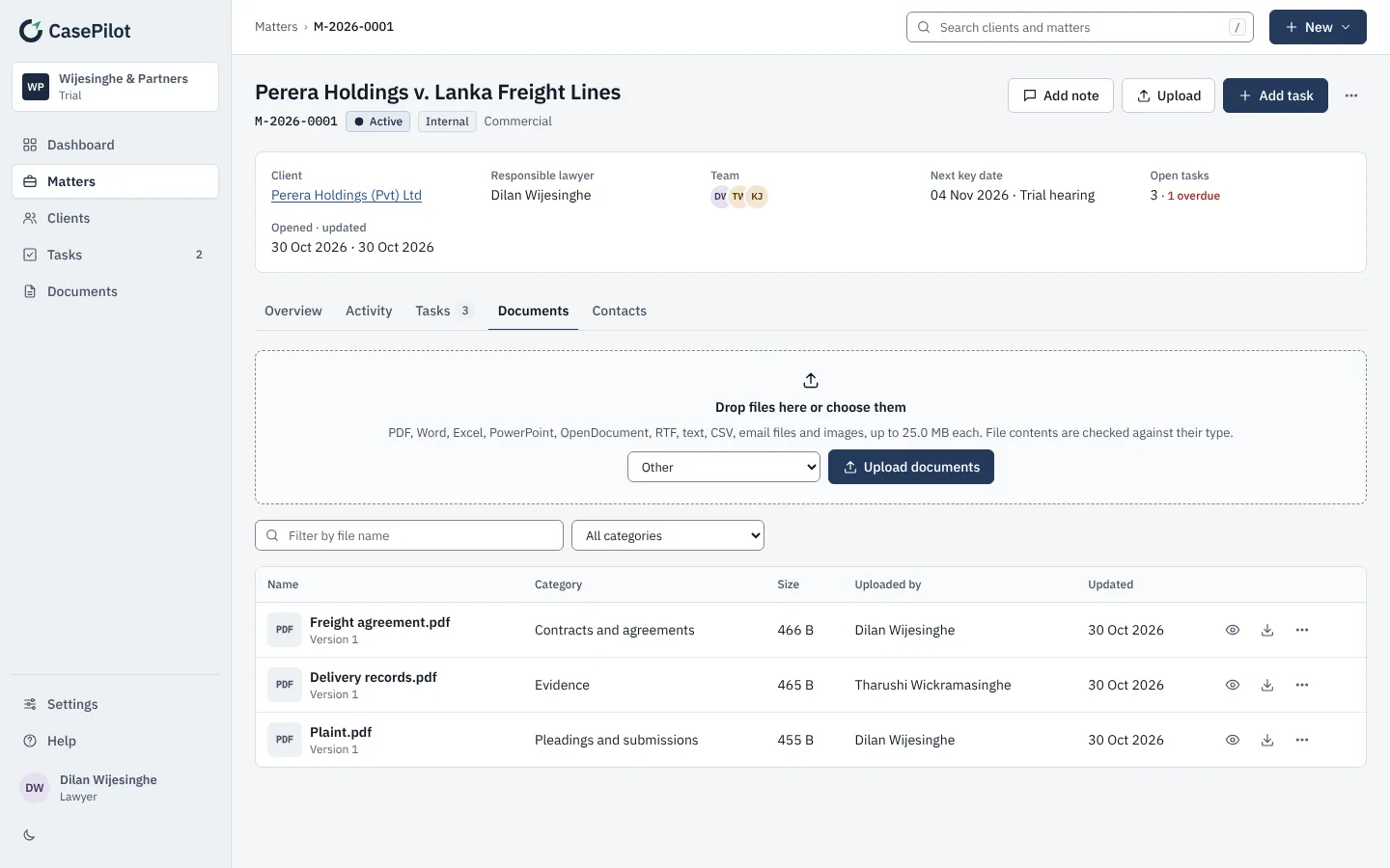 A matter’s documents: an upload area and a list of private files with category, size, uploader and version.