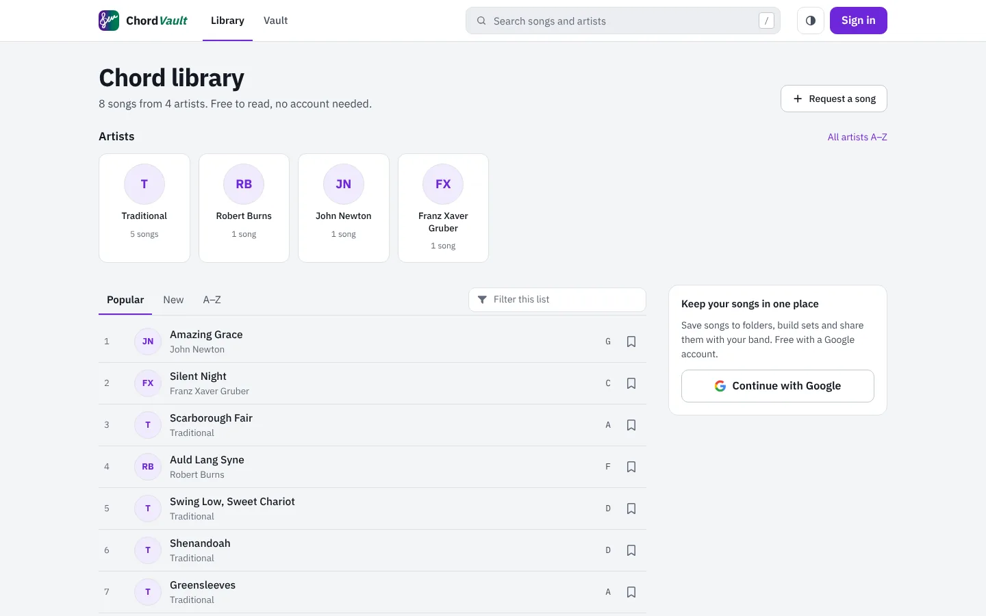 The chord library listing artists and popular songs, each with its key.