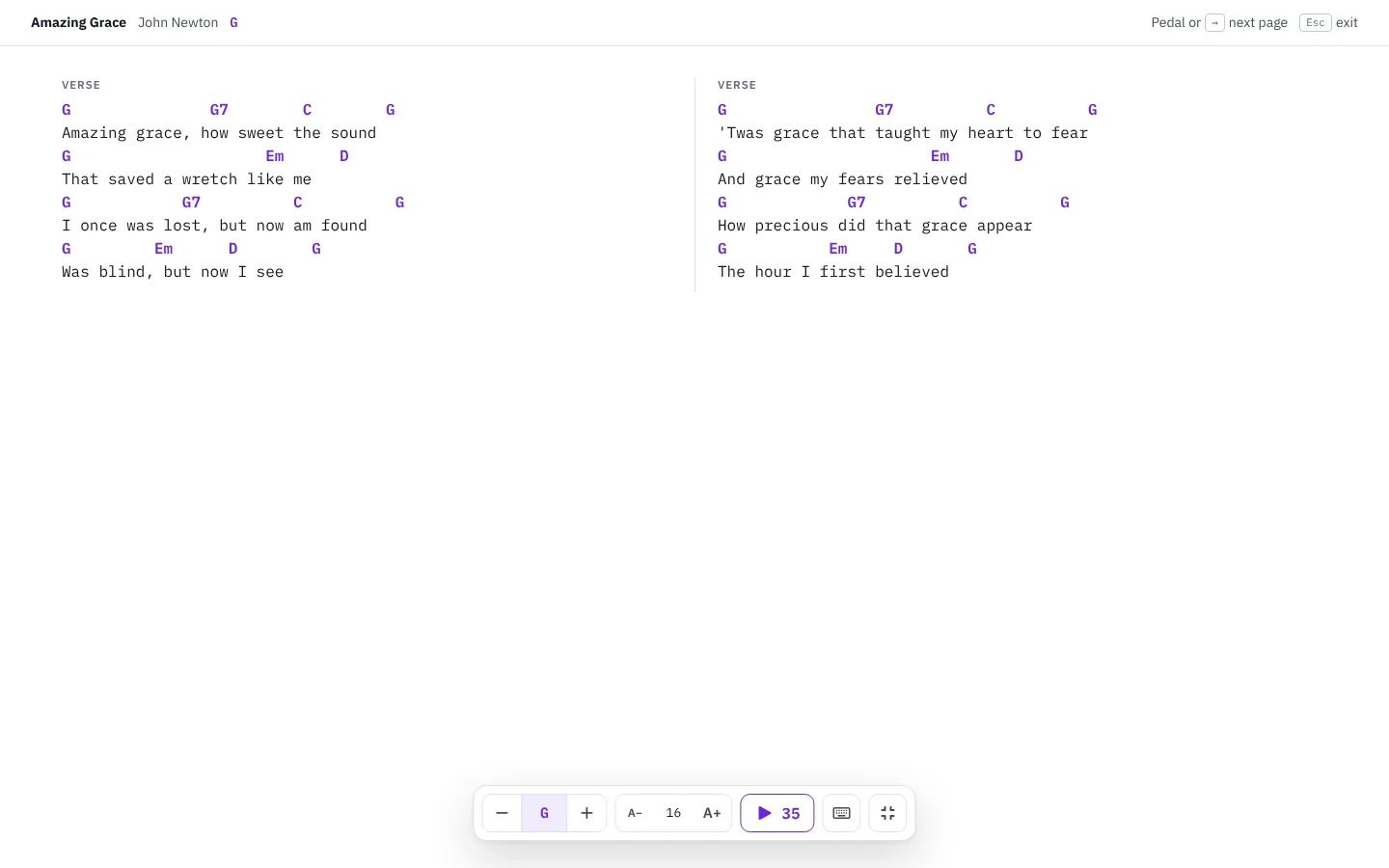 Performance mode laying Amazing Grace across two pages, with a compact control bar for key, text size and autoscroll.
