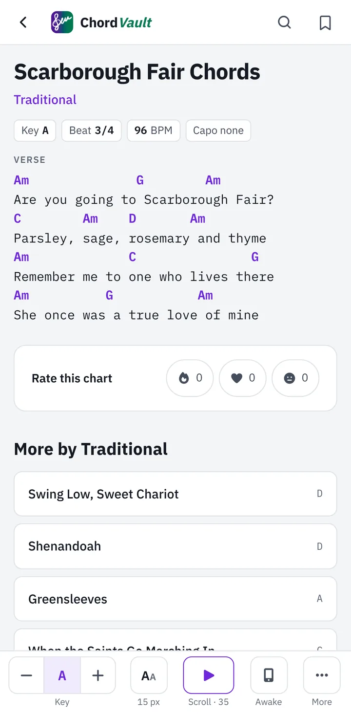 ChordVault on a phone: Scarborough Fair with chords, and controls for key, text size, scrolling and keep-awake along the bottom.