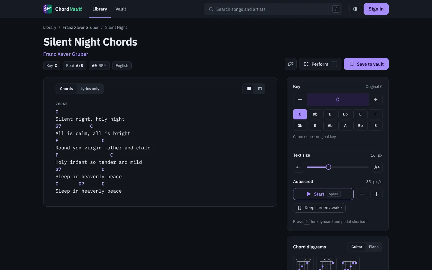 The song reader in the dark theme, showing Silent Night in C with its chords.