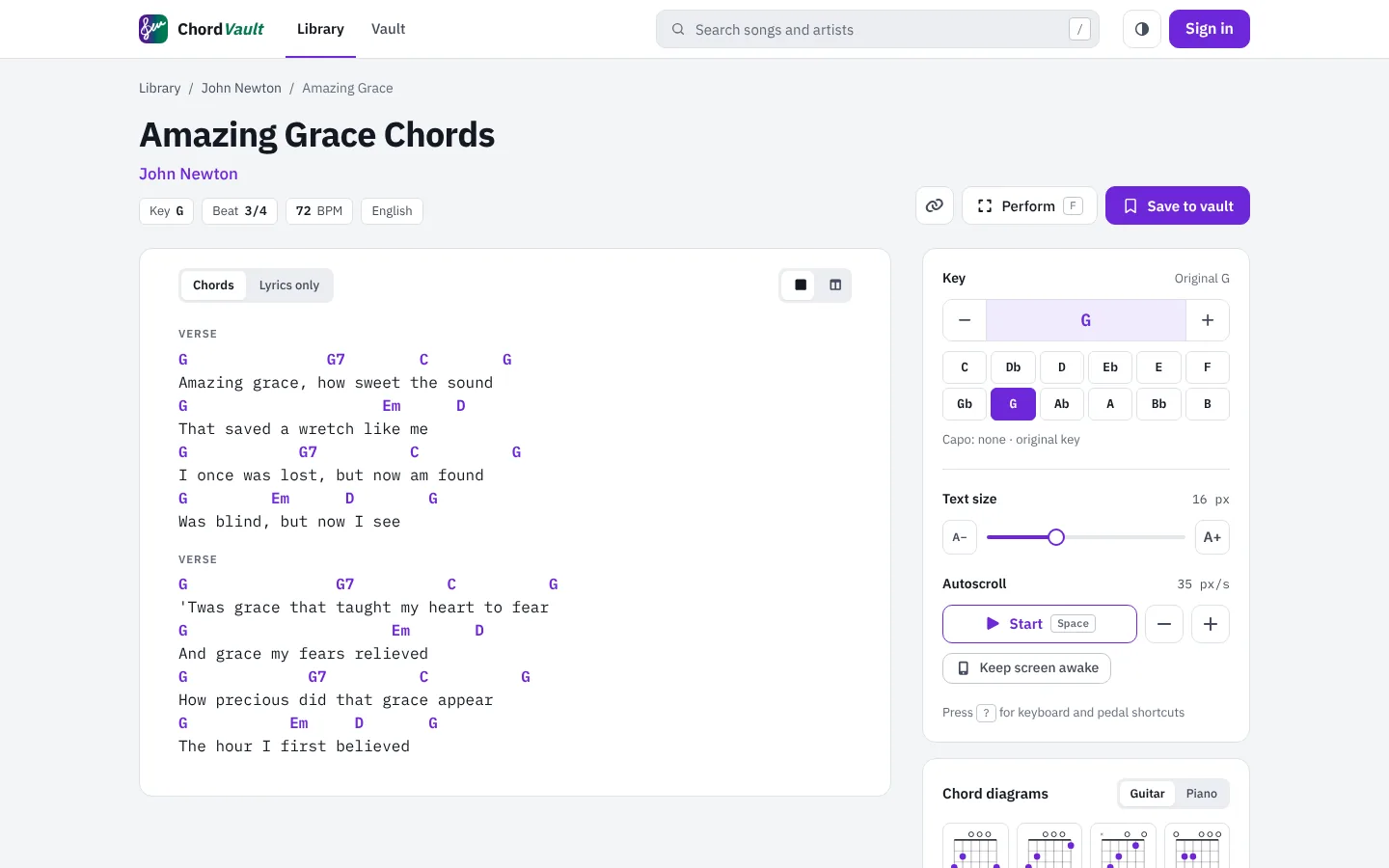 ChordVault’s song reader showing Amazing Grace in G, with chords over the lyrics and key, text size and autoscroll controls beside it.