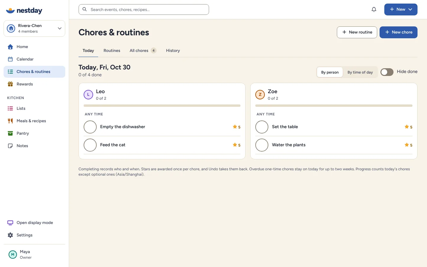 Chores and routines for the children, with stars for each completed chore.