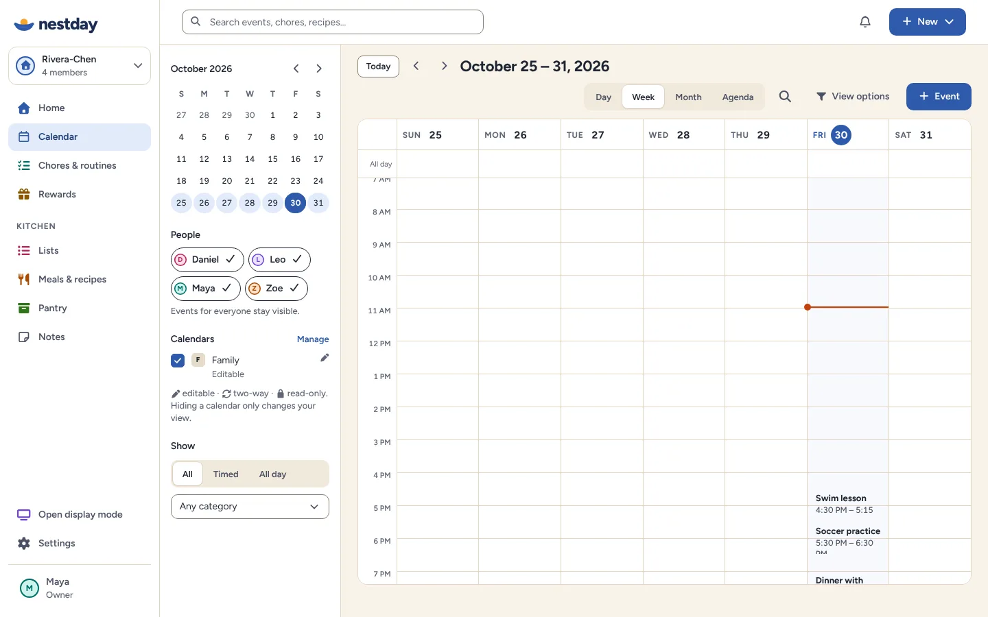 The family calendar’s week view, with each person’s events and the calendars it brings together.