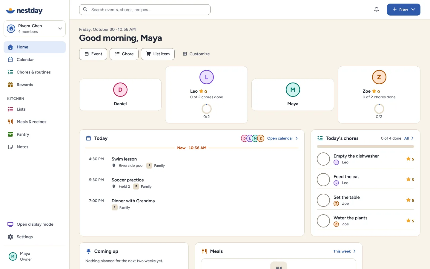 Nestday’s Home for a fictional family: each member’s chores and stars, today’s events, today’s chores and the coming week’s meals.