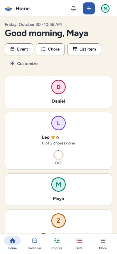 Nestday’s Home on a phone, greeting the parent with the morning’s plan.