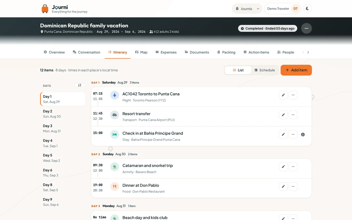 Journi itinerary for a family vacation laid out by day with flights, transfers and activities