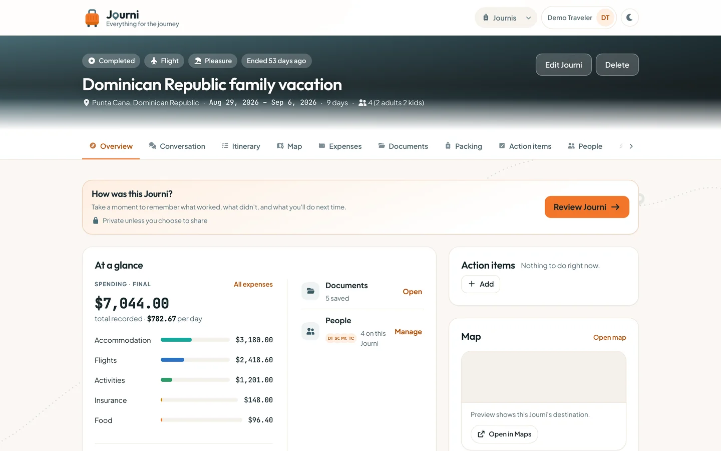 Journi summary of a completed trip with spending at a glance