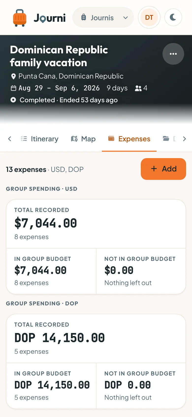 Journi trip expenses on a phone