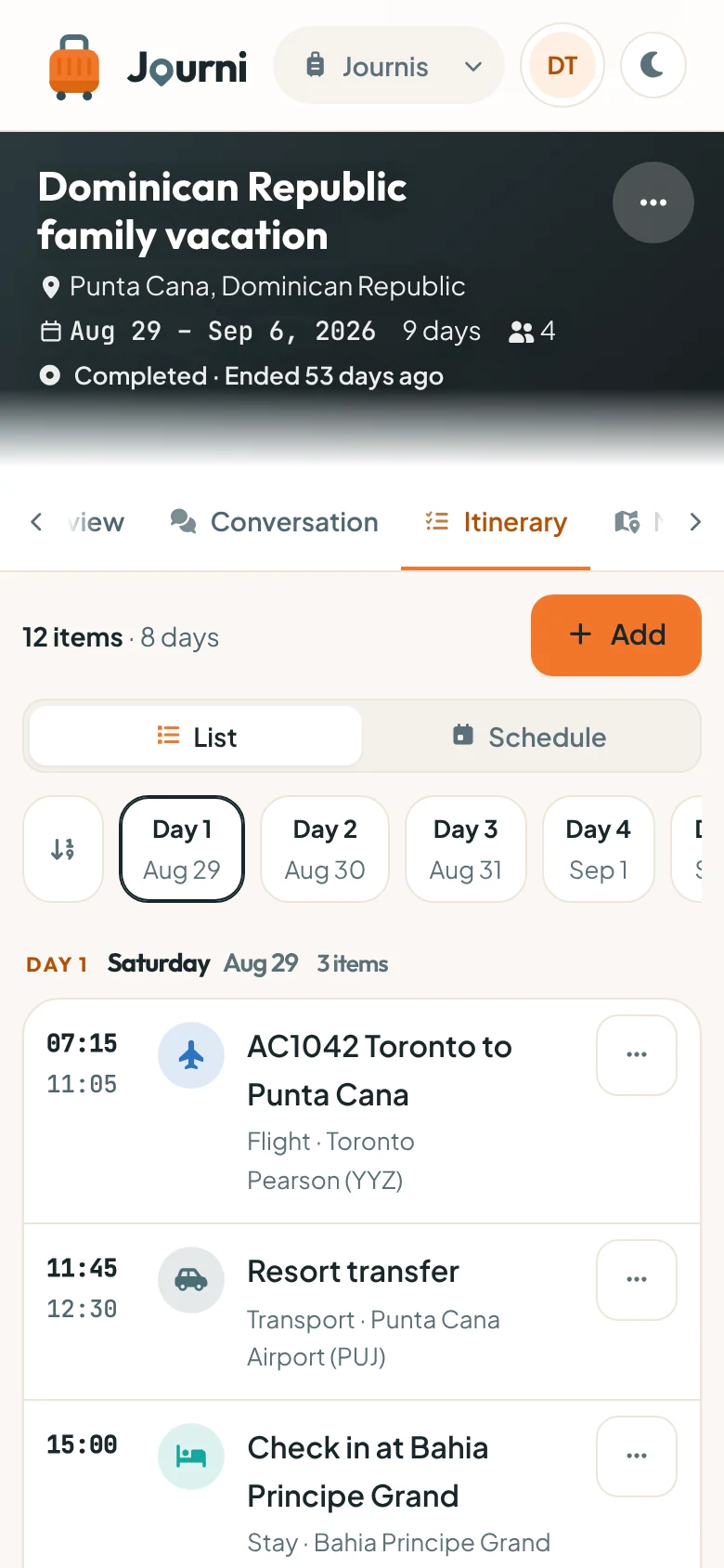 Journi day-by-day itinerary on a phone
